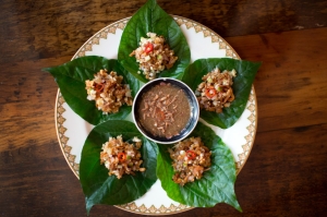 Mieng Kung, betel leaf wrap with ginger, lime, toasted coconut, dried shrimp, chilies and peanuts at Uncle Boons, a newly opened Thai restaurant and bar in SoHo.â(R)CREDIT: Agaton Strom for The Wall Street Journalâ(R)SLUG: HH.UncleBoons Published Credit: Agaton Strom for The Wall Street Journal